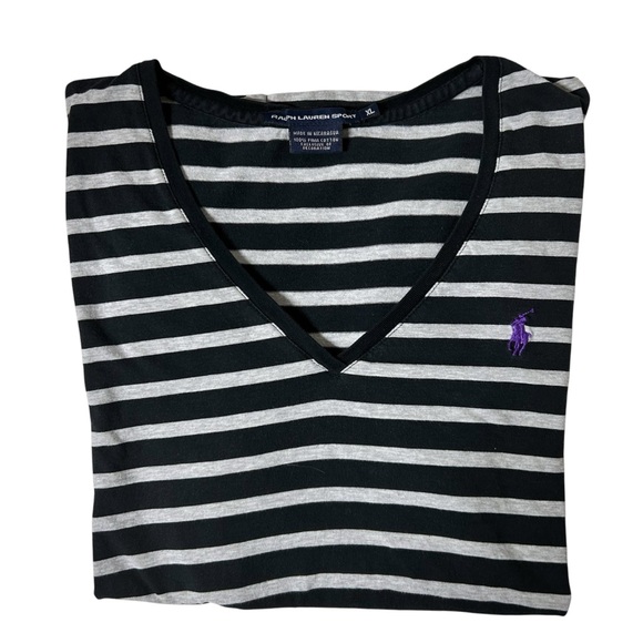 RALPH LAUREN SPORT T-Shirt Dark Blue/ Light Gray Striped V-Neck Women’s Sz L/XL - Picture 2 of 5